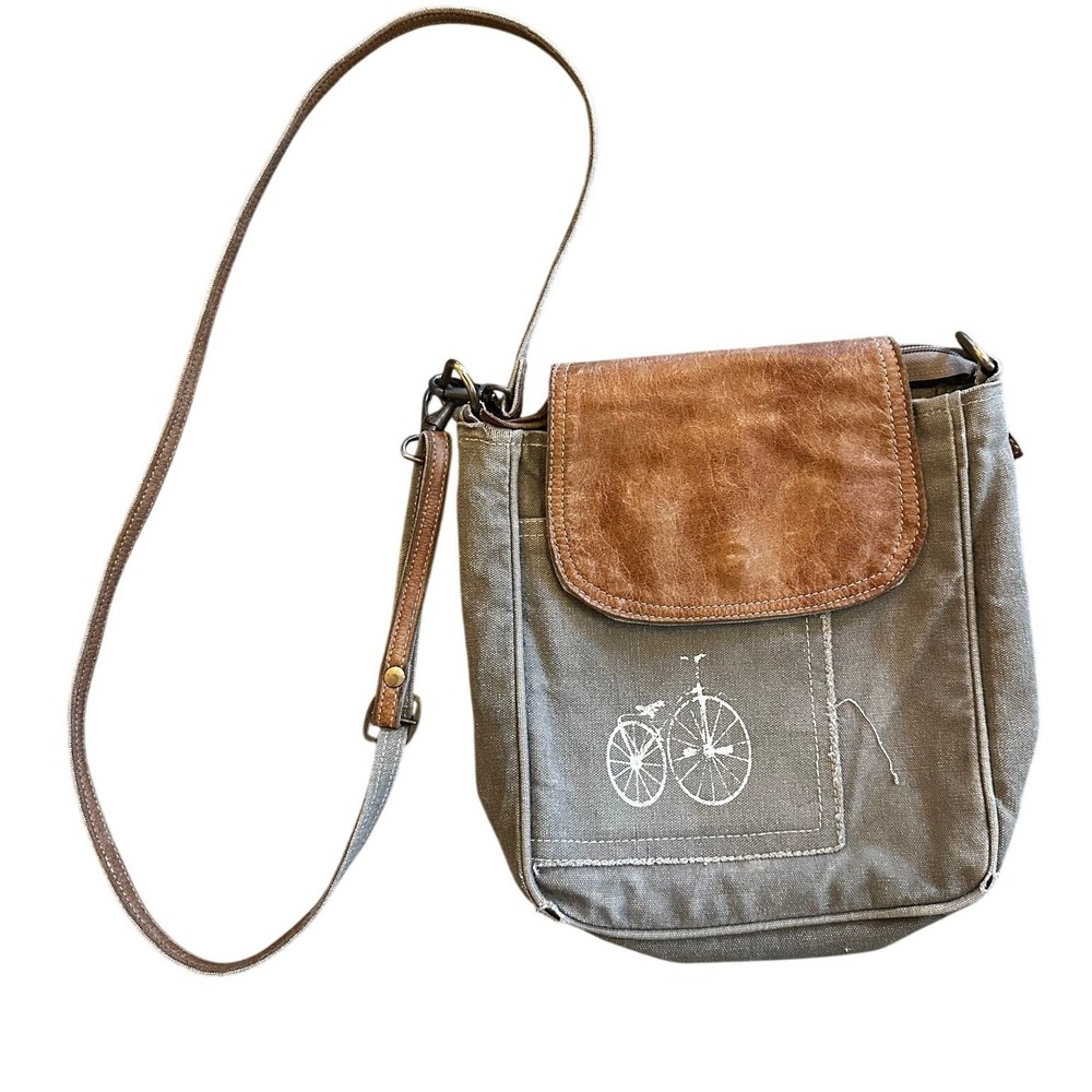 Myra Bag Upcycled Canvas Leather Crossbody Messenger Bag Gray‎ Bicycle Graphic